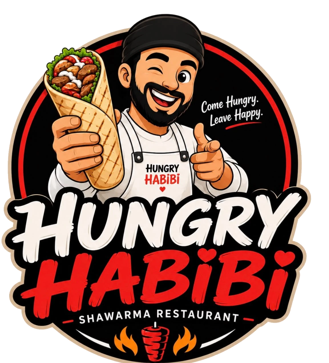 Hungry Habibi mascot winking and holding a shawarma wrap