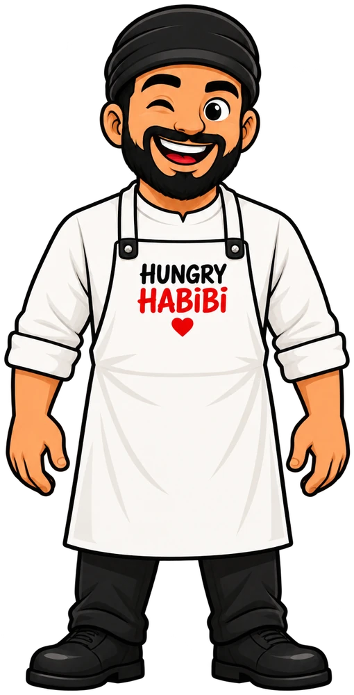 Habibi the mascot in his apron and black cap